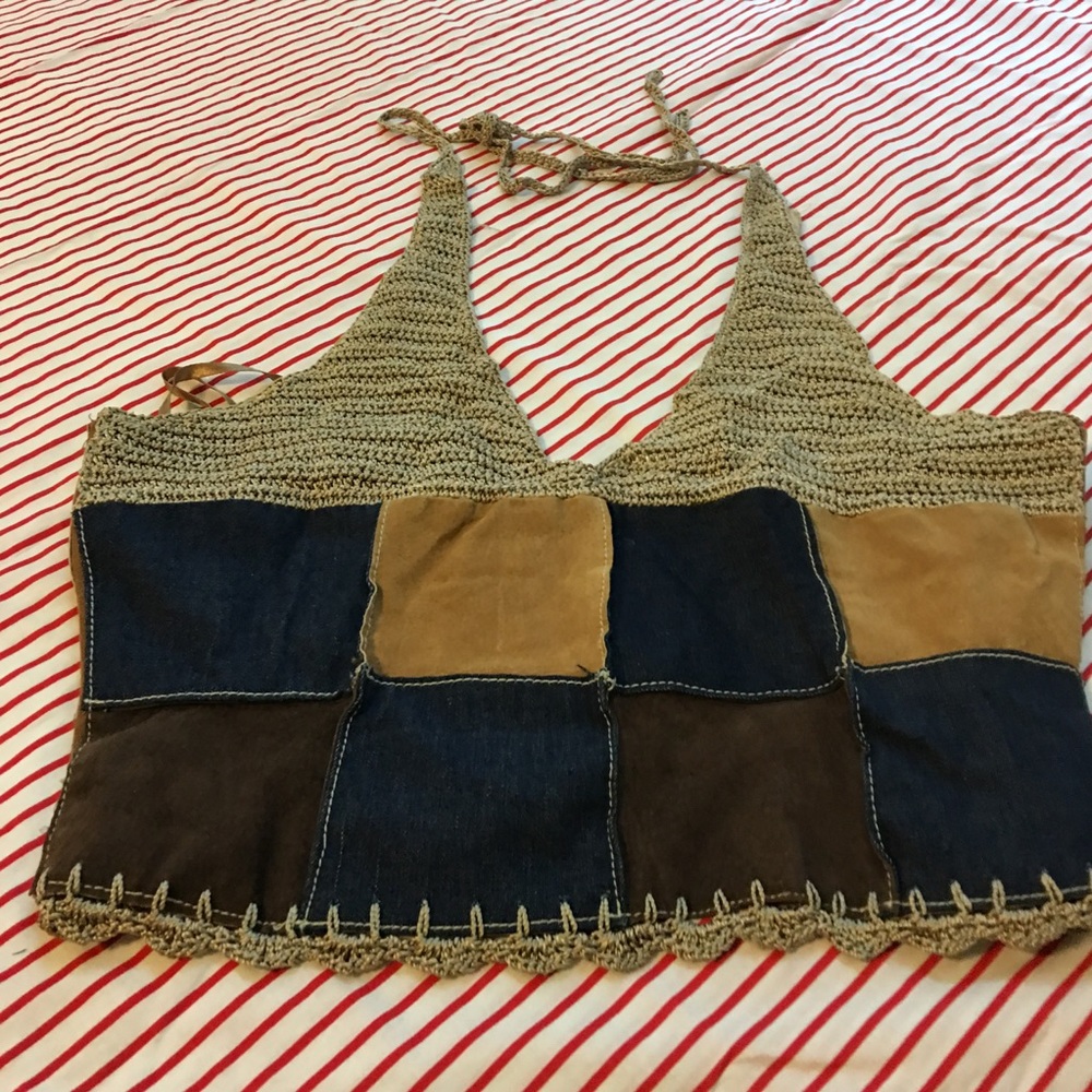 COPY - Crocheted  and leather/denim patchworked h…